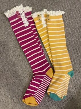 Striped Knee-High Socks with Lace Trim and Buttons - Set of 2